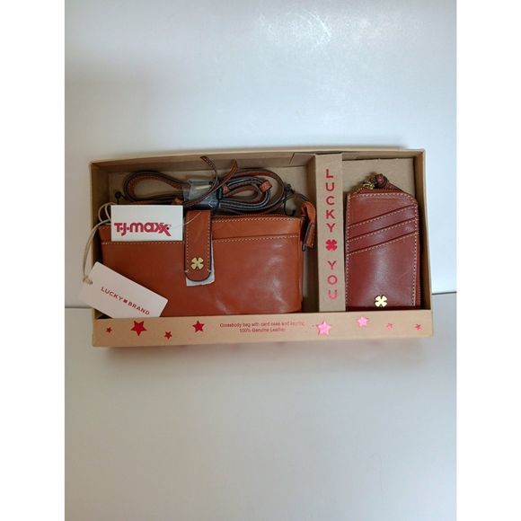 Lucky Brand Crossbody bag with Card Case and Keyring 100% Genuine Leather Brown - Picture 4 of 7